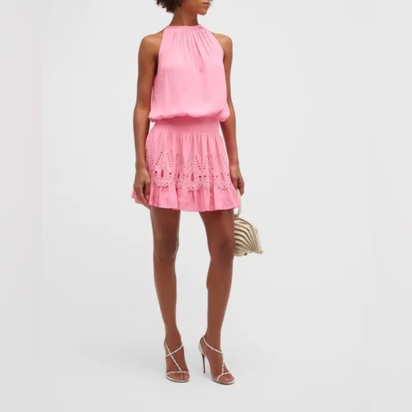 Ramy Brook - Tilly Smocked Mini Dress high neck pink eyelet - XS NWT